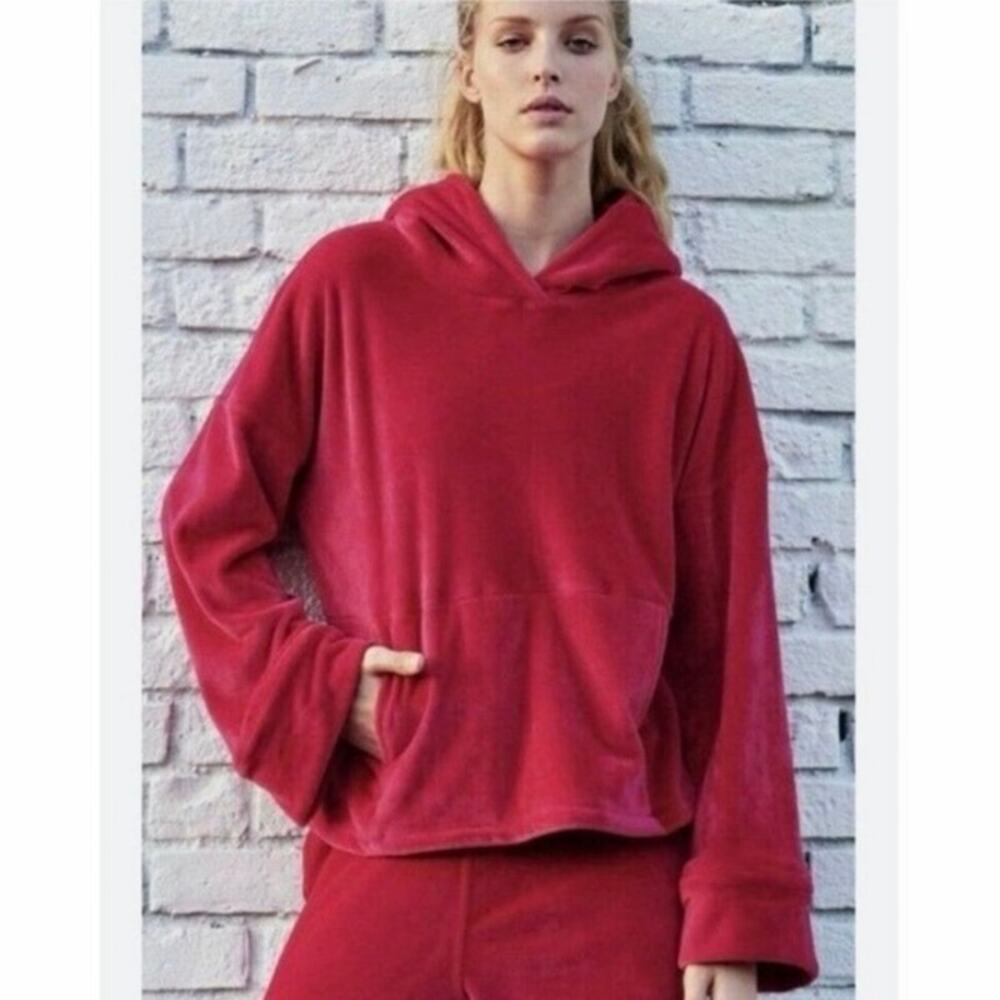 NWOT Free People FP Movement Velour Hoodie Bright Pink Red Cropped Athleisure